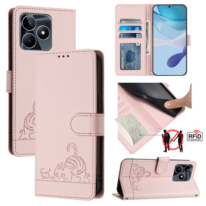 Realme Note 50 4G Global Leather Phone Case with Cat and Rat Embossed Pattern, RFID Protection, Card Holder Slots, Anti-fall Feature & Lanyard