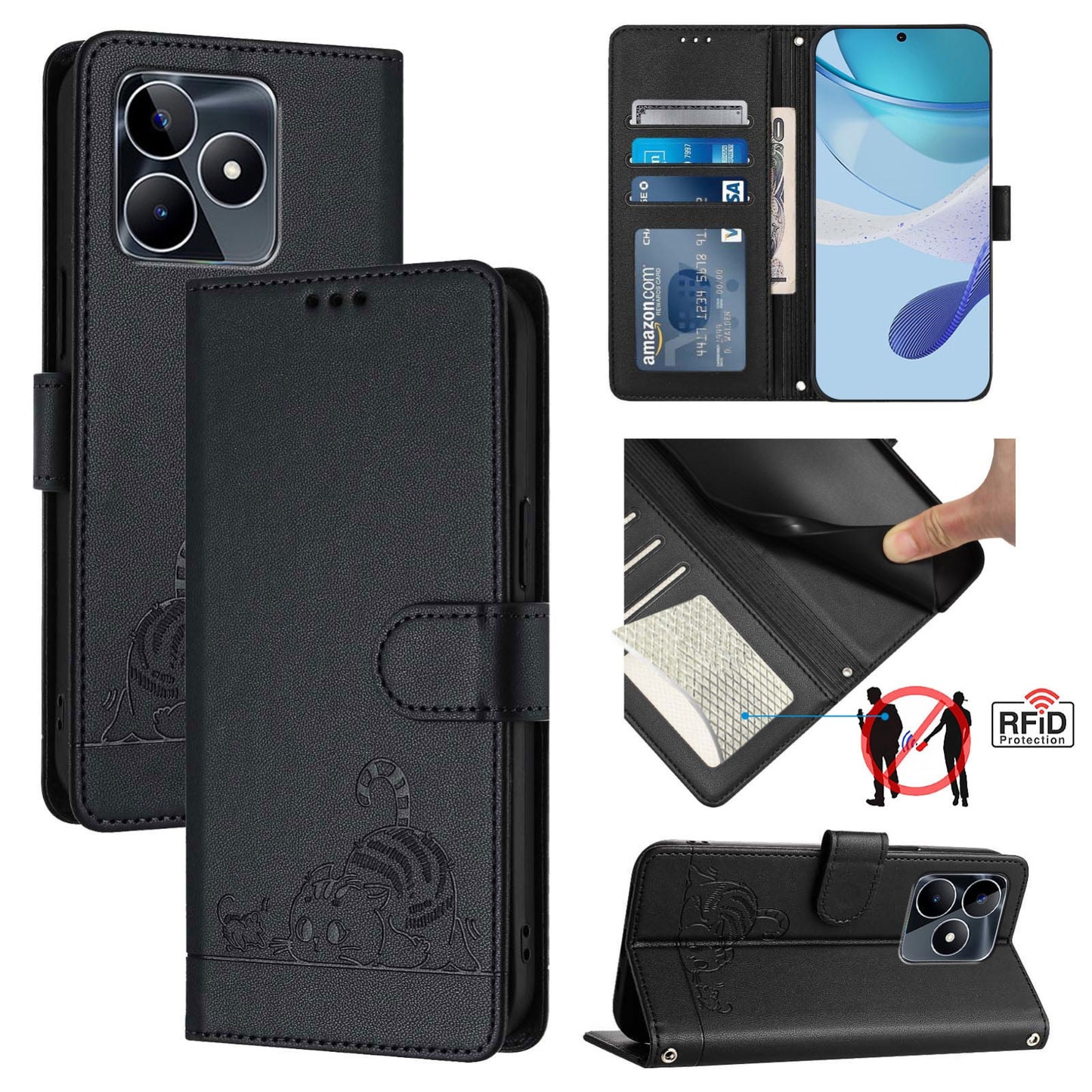 Realme Note 50 4G Global Leather Phone Case with Cat and Rat Embossed Pattern, RFID Protection, Card Holder Slots, Anti-fall Feature & Lanyard