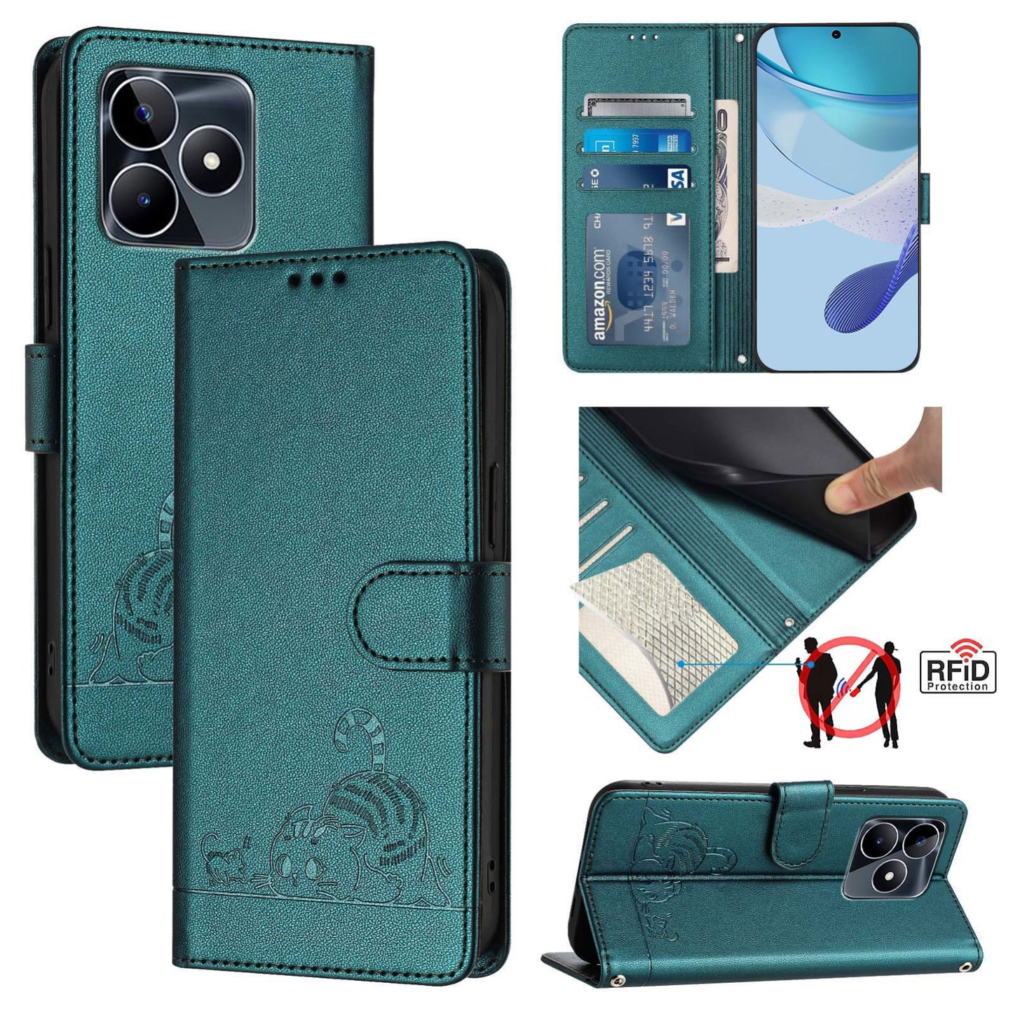 Realme Note 50 4G Global Leather Phone Case with Cat and Rat Embossed Pattern, RFID Protection, Card Holder Slots, Anti-fall Feature & Lanyard