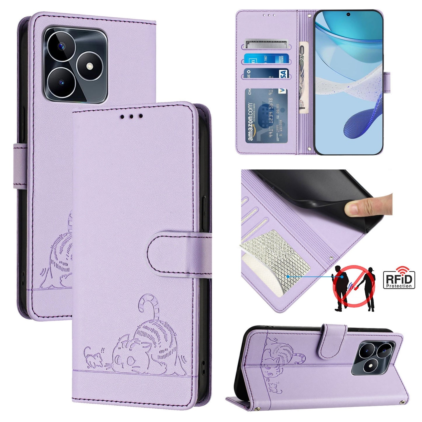 Realme Note 50 4G Global Leather Phone Case with Cat and Rat Embossed Pattern, RFID Protection, Card Holder Slots, Anti-fall Feature & Lanyard