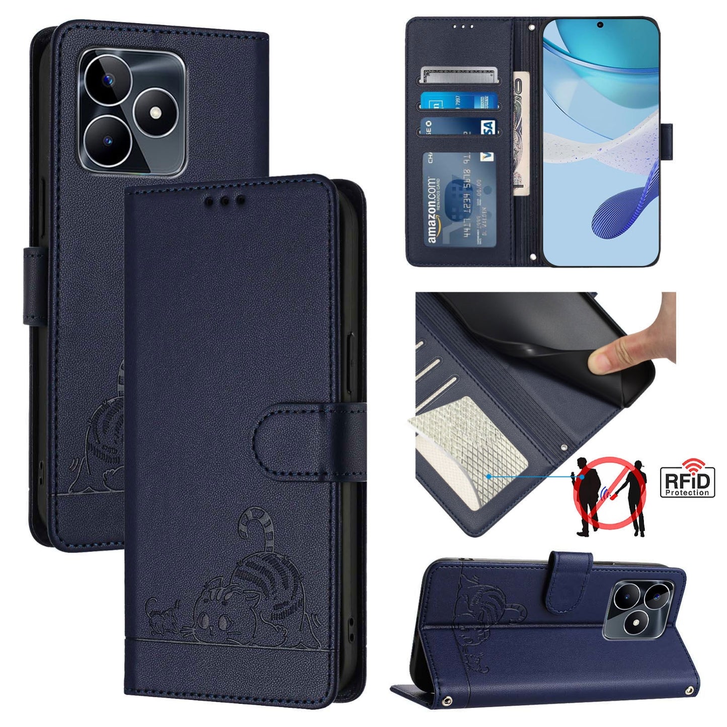 Realme C51 4G Leather Phone Case with Cat and Rat Embossed Pattern, RFID Protection, Card Holder Slots, Anti-fall Feature & Lanyard