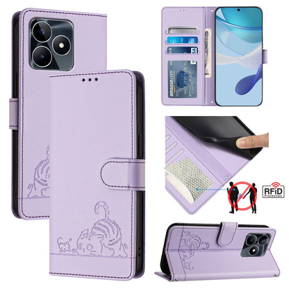 Realme C51 4G Leather Phone Case with Cat and Rat Embossed Pattern, RFID Protection, Card Holder Slots, Anti-fall Feature & Lanyard