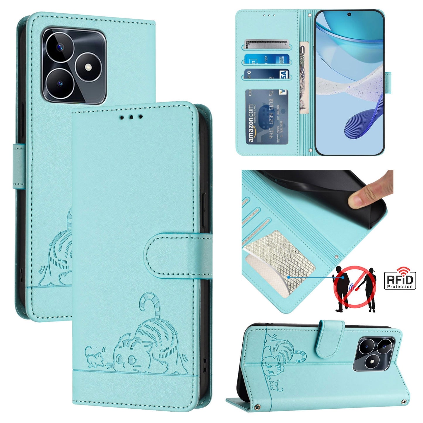 Realme Narzo N53 4G Global Leather Phone Case with Cat and Rat Embossed Pattern, RFID Protection, Card Holder Slots, Anti-fall Feature & Lanyard