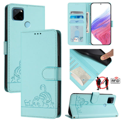 Realme C21Y Leather Phone Case with Cat and Rat Embossed Pattern, RFID Protection, Card Holder Slots, Anti-fall Feature & Lanyard