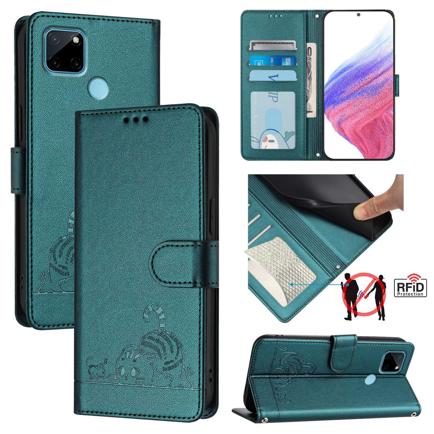 Realme C21Y Leather Phone Case with Cat and Rat Embossed Pattern, RFID Protection, Card Holder Slots, Anti-fall Feature & Lanyard