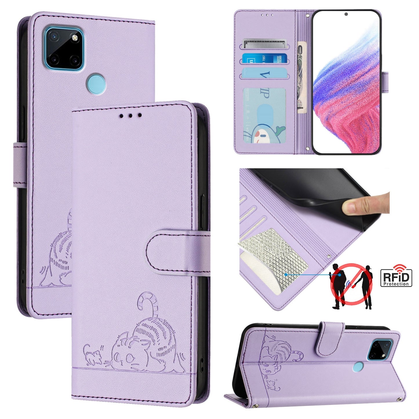 Realme C21Y Leather Phone Case with Cat and Rat Embossed Pattern, RFID Protection, Card Holder Slots, Anti-fall Feature & Lanyard