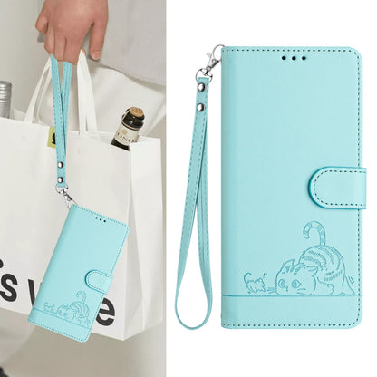 Realme GT 6 5G Global Leather Phone Case with Cat and Rat Embossed Pattern, RFID Protection, Card Holder Slots, Anti-fall Feature & Lanyard