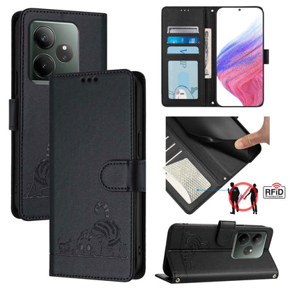 Realme GT 6 5G Global Leather Phone Case with Cat and Rat Embossed Pattern, RFID Protection, Card Holder Slots, Anti-fall Feature & Lanyard