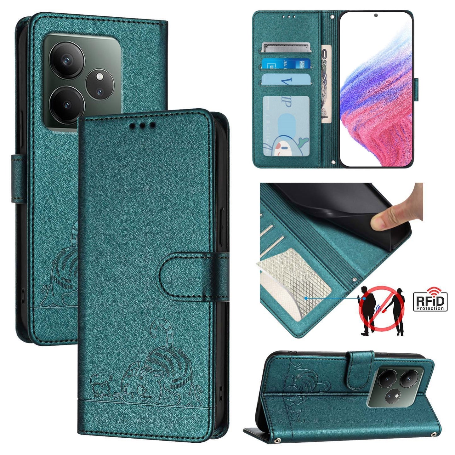 Realme GT 6 5G Global Leather Phone Case with Cat and Rat Embossed Pattern, RFID Protection, Card Holder Slots, Anti-fall Feature & Lanyard
