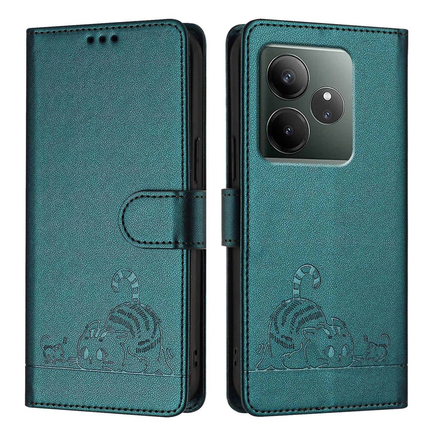 Realme GT 6 5G Global Leather Phone Case with Cat and Rat Embossed Pattern, RFID Protection, Card Holder Slots, Anti-fall Feature & Lanyard