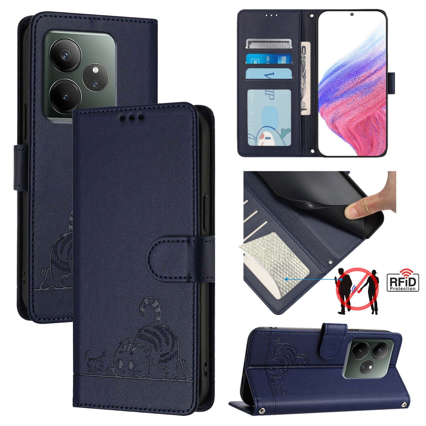 Realme GT 6 5G Global Leather Phone Case with Cat and Rat Embossed Pattern, RFID Protection, Card Holder Slots, Anti-fall Feature & Lanyard
