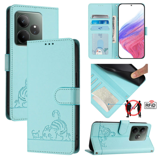 Realme GT 6T 5G Global Leather Phone Case with Cat and Rat Embossed Pattern, RFID Protection, Card Holder Slots, Anti-fall Feature & Lanyard