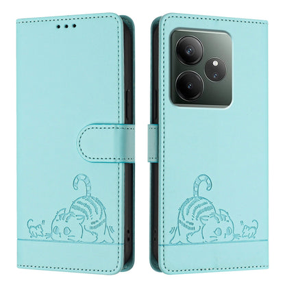 Realme GT 6T 5G Global Leather Phone Case with Cat and Rat Embossed Pattern, RFID Protection, Card Holder Slots, Anti-fall Feature & Lanyard