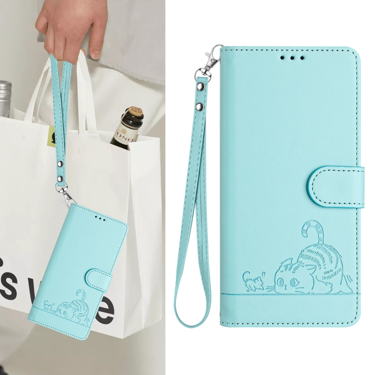 Realme GT 6T 5G Global Leather Phone Case with Cat and Rat Embossed Pattern, RFID Protection, Card Holder Slots, Anti-fall Feature & Lanyard