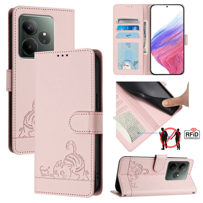 Realme GT 6T 5G Global Leather Phone Case with Cat and Rat Embossed Pattern, RFID Protection, Card Holder Slots, Anti-fall Feature & Lanyard