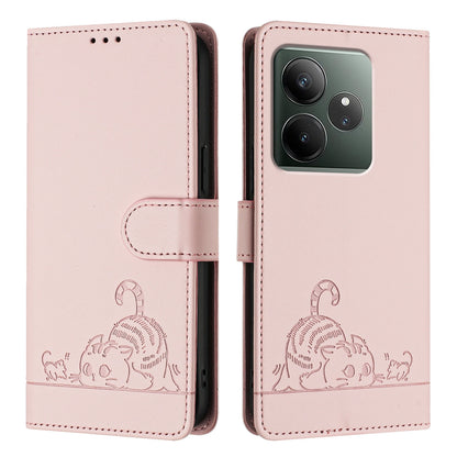 Realme GT 6T 5G Global Leather Phone Case with Cat and Rat Embossed Pattern, RFID Protection, Card Holder Slots, Anti-fall Feature & Lanyard
