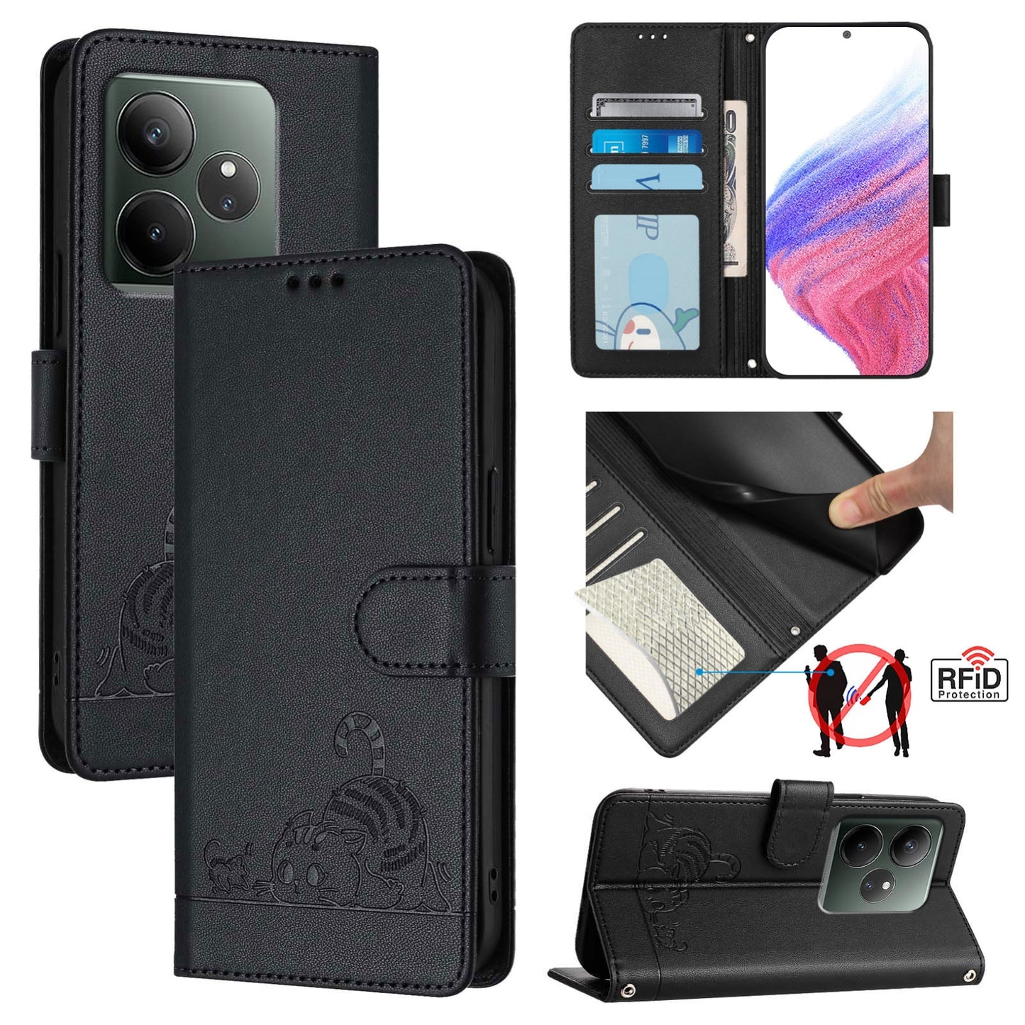 Realme GT 6T 5G Global Leather Phone Case with Cat and Rat Embossed Pattern, RFID Protection, Card Holder Slots, Anti-fall Feature & Lanyard
