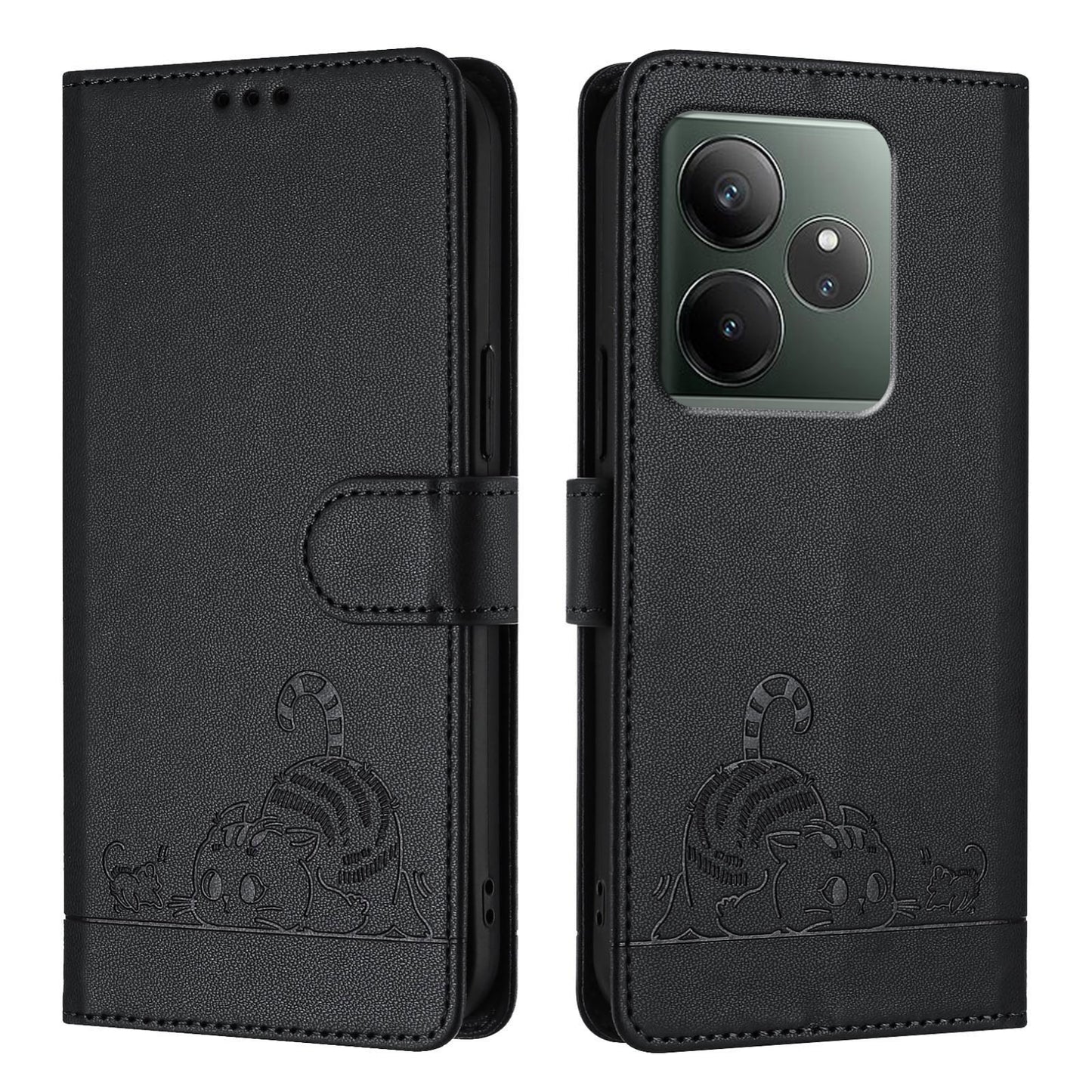 Realme GT 6T 5G Global Leather Phone Case with Cat and Rat Embossed Pattern, RFID Protection, Card Holder Slots, Anti-fall Feature & Lanyard