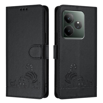 Realme GT 6T 5G Global Leather Phone Case with Cat and Rat Embossed Pattern, RFID Protection, Card Holder Slots, Anti-fall Feature & Lanyard