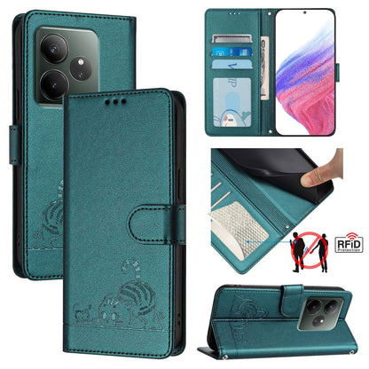 Realme GT 6T 5G Global Leather Phone Case with Cat and Rat Embossed Pattern, RFID Protection, Card Holder Slots, Anti-fall Feature & Lanyard