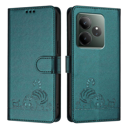 Realme GT 6T 5G Global Leather Phone Case with Cat and Rat Embossed Pattern, RFID Protection, Card Holder Slots, Anti-fall Feature & Lanyard