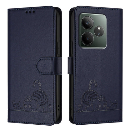 Realme GT 6T 5G Global Leather Phone Case with Cat and Rat Embossed Pattern, RFID Protection, Card Holder Slots, Anti-fall Feature & Lanyard