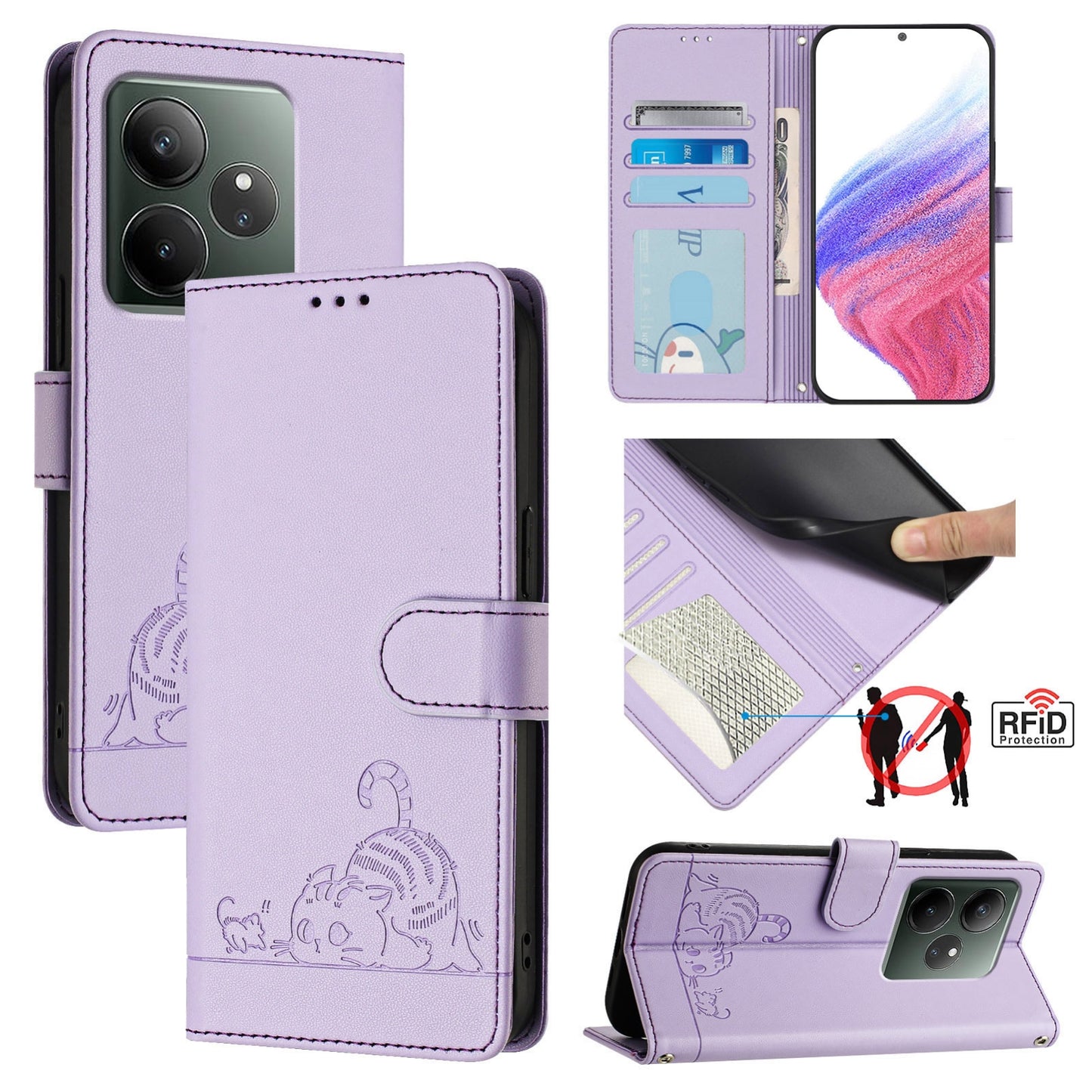 Realme GT 6T 5G Global Leather Phone Case with Cat and Rat Embossed Pattern, RFID Protection, Card Holder Slots, Anti-fall Feature & Lanyard