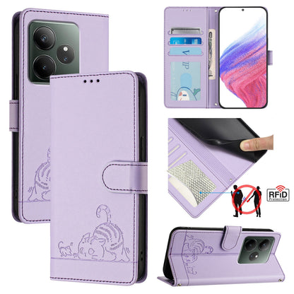 Realme GT 6T 5G Global Leather Phone Case with Cat and Rat Embossed Pattern, RFID Protection, Card Holder Slots, Anti-fall Feature & Lanyard