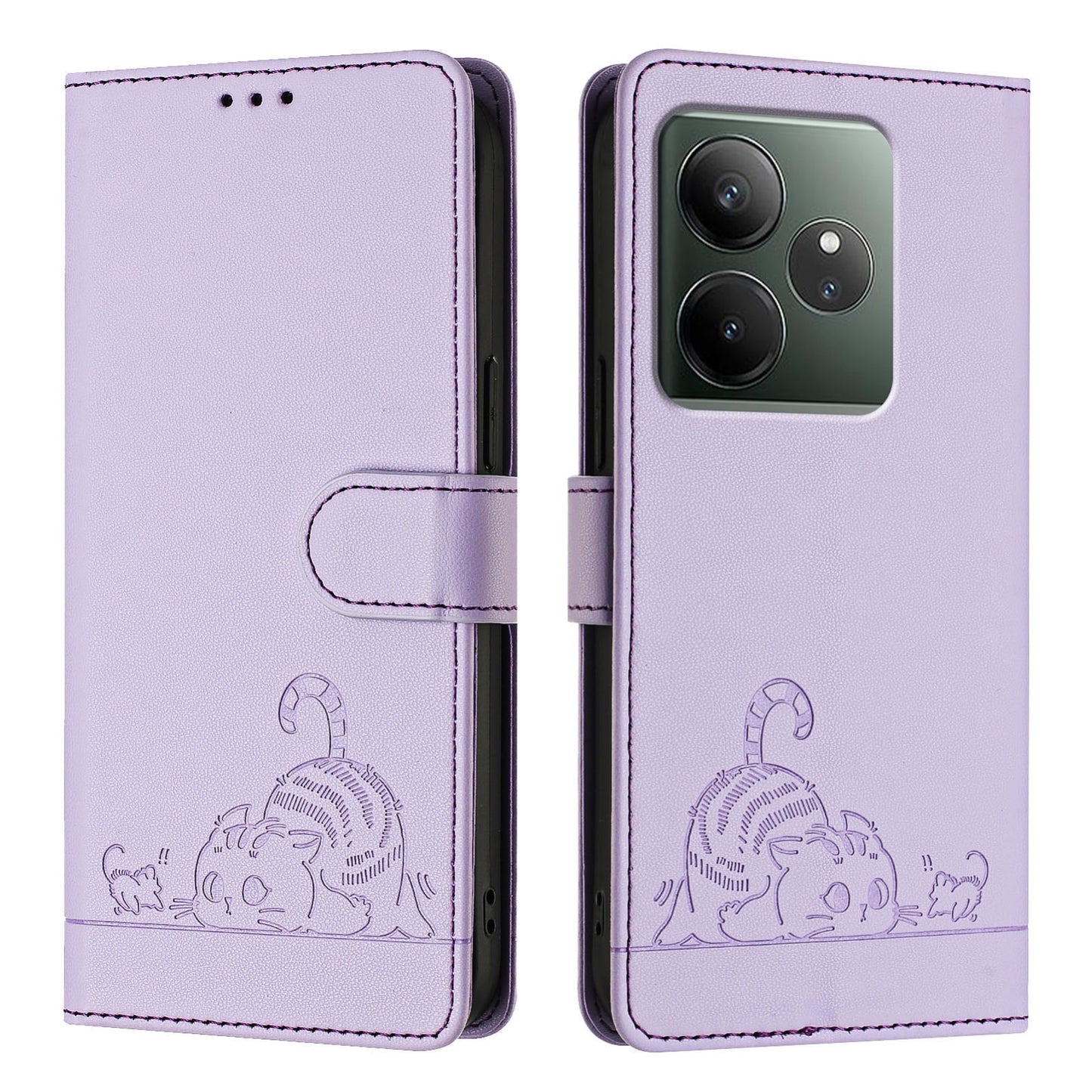 Realme GT 6T 5G Global Leather Phone Case with Cat and Rat Embossed Pattern, RFID Protection, Card Holder Slots, Anti-fall Feature & Lanyard