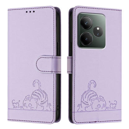 Realme GT 6T 5G Global Leather Phone Case with Cat and Rat Embossed Pattern, RFID Protection, Card Holder Slots, Anti-fall Feature & Lanyard