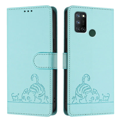 Realme C17 Leather Phone Case with Cat and Rat Embossed Pattern, RFID Protection, Card Holder Slots, Anti-fall Feature & Lanyard