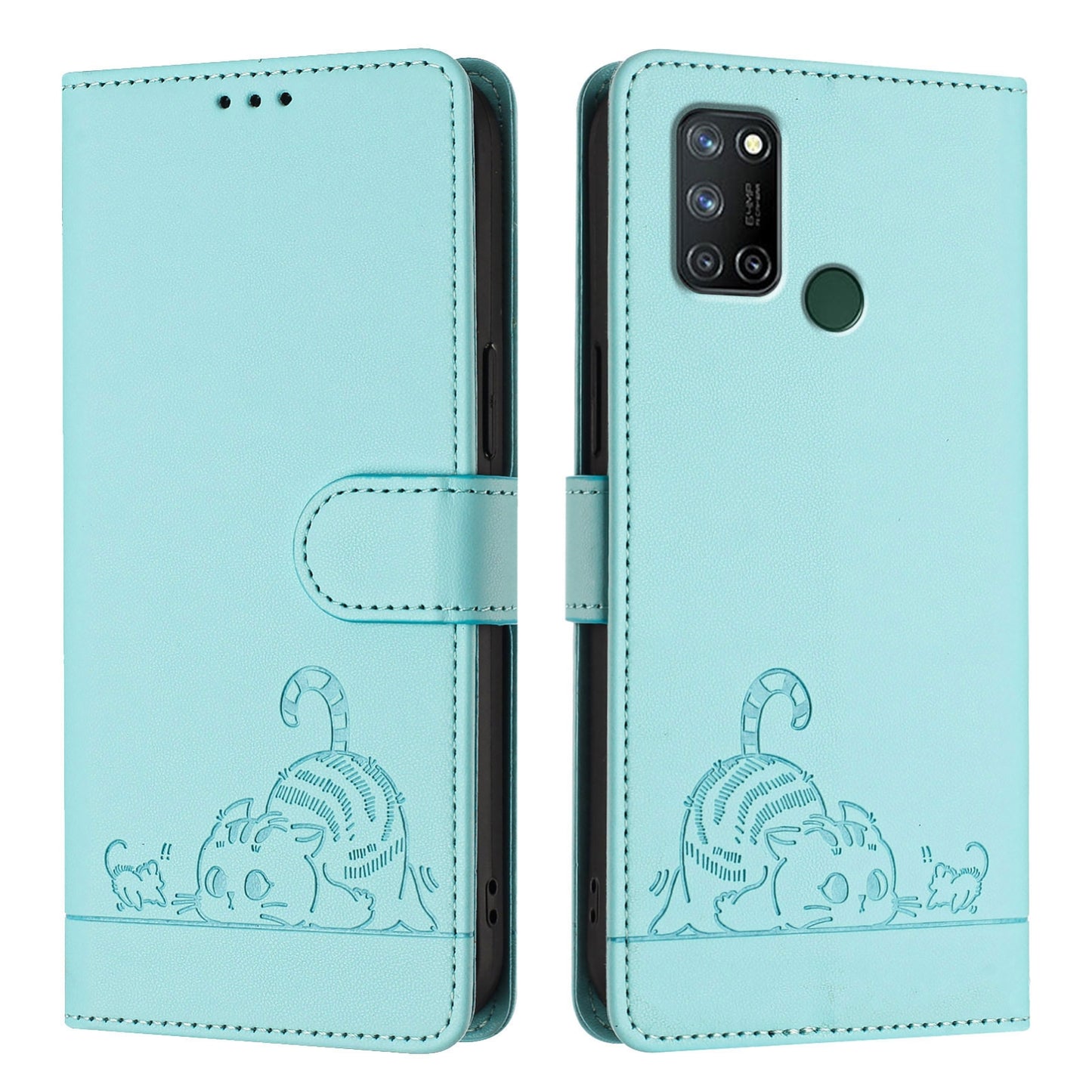 Realme 7i Leather Phone Case with Cat and Rat Embossed Pattern, RFID Protection, Card Holder Slots, Anti-fall Feature & Lanyard