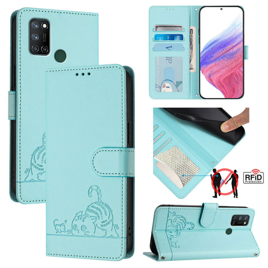 Realme 7i Leather Phone Case with Cat and Rat Embossed Pattern, RFID Protection, Card Holder Slots, Anti-fall Feature & Lanyard