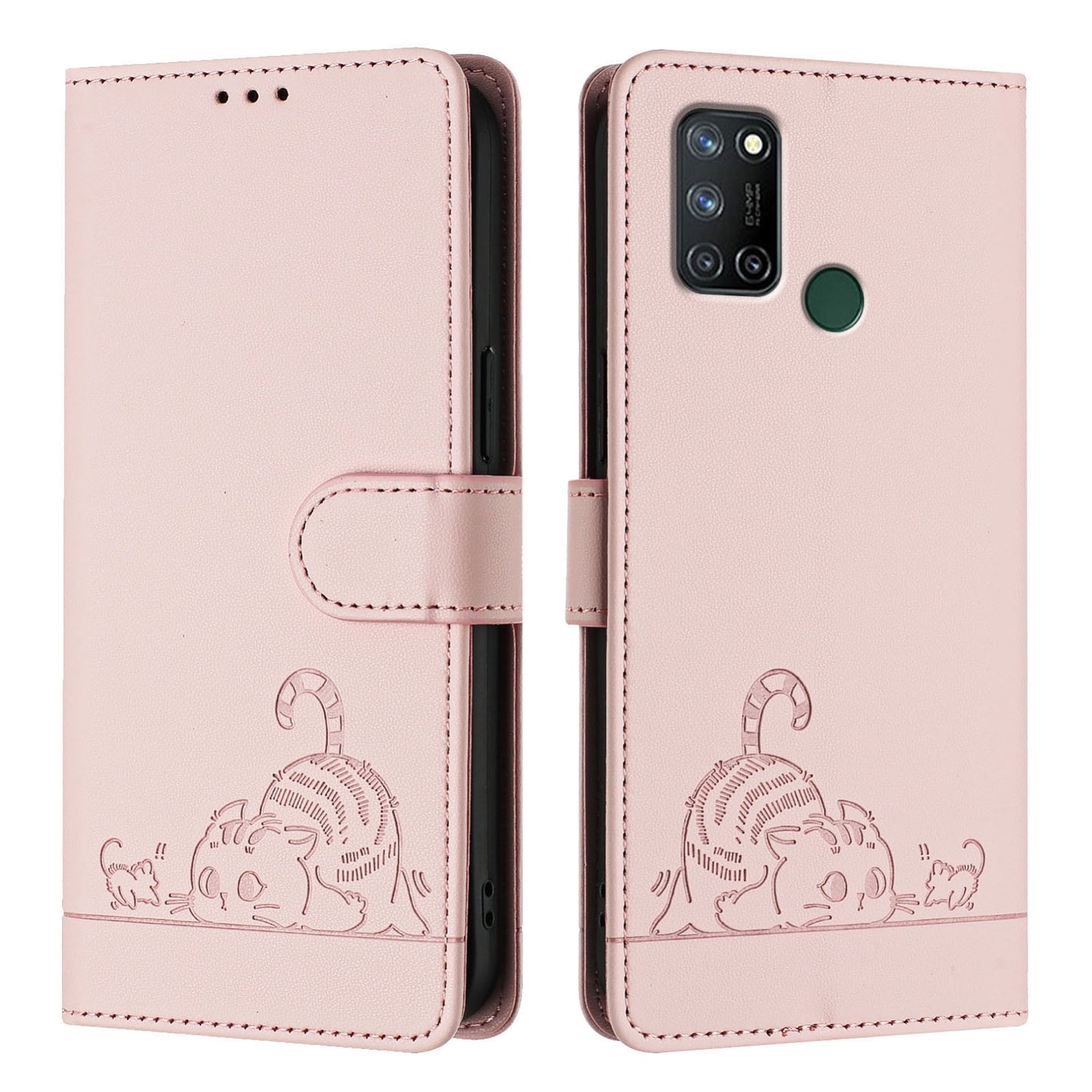 Realme 7i Leather Phone Case with Cat and Rat Embossed Pattern, RFID Protection, Card Holder Slots, Anti-fall Feature & Lanyard