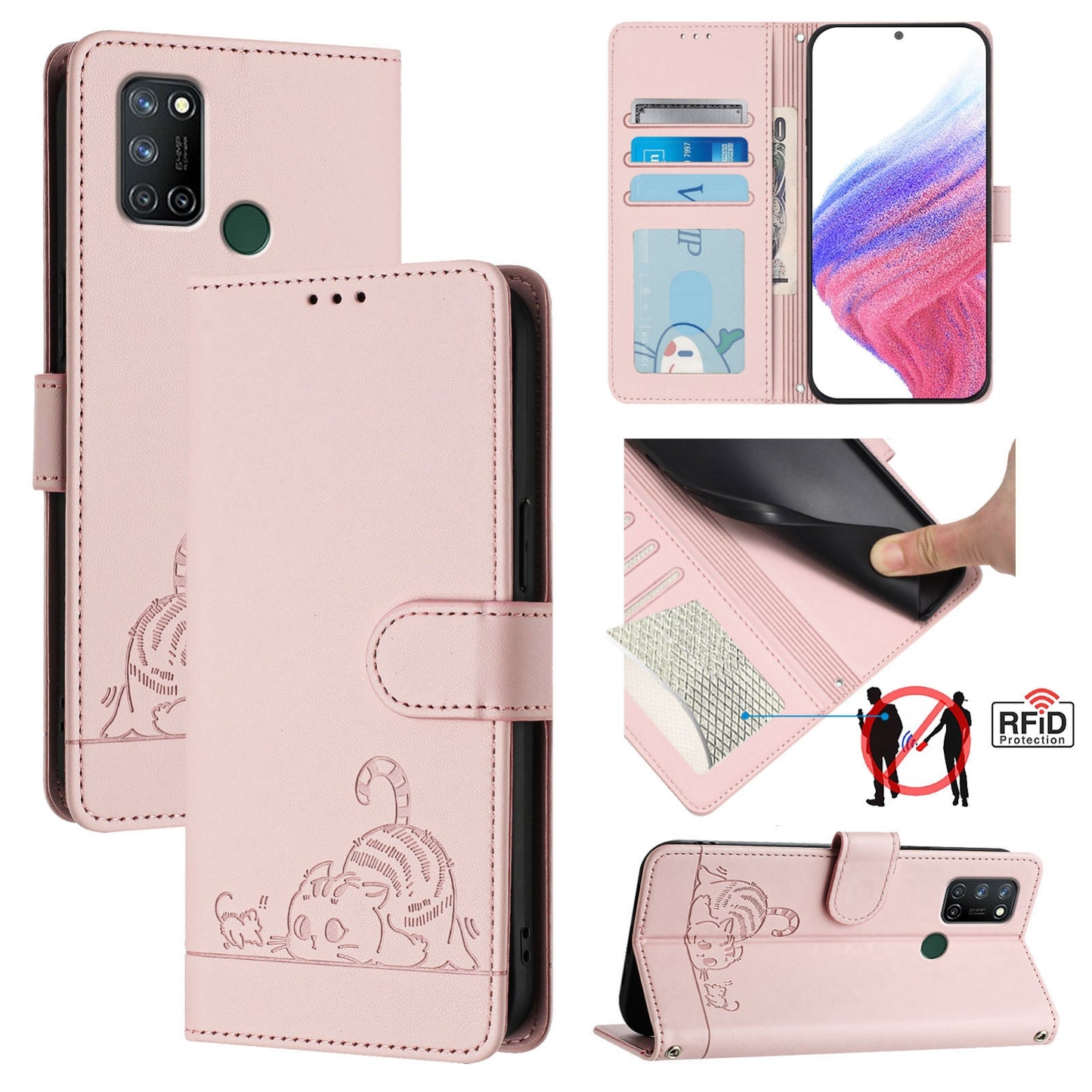 Realme 7i Leather Phone Case with Cat and Rat Embossed Pattern, RFID Protection, Card Holder Slots, Anti-fall Feature & Lanyard