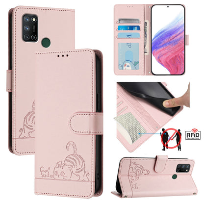 Realme 7i Leather Phone Case with Cat and Rat Embossed Pattern, RFID Protection, Card Holder Slots, Anti-fall Feature & Lanyard