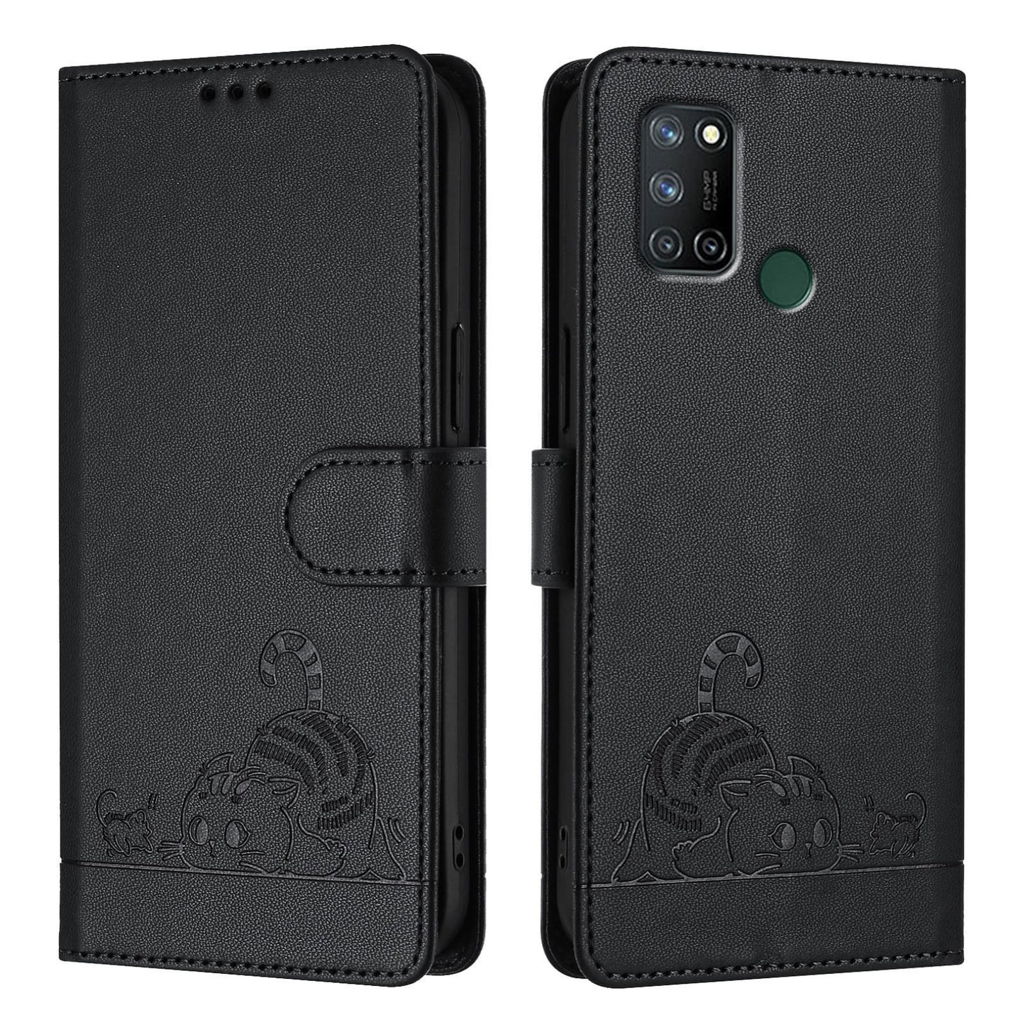 Realme C17 Leather Phone Case with Cat and Rat Embossed Pattern, RFID Protection, Card Holder Slots, Anti-fall Feature & Lanyard