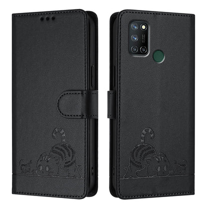 Realme 7i Leather Phone Case with Cat and Rat Embossed Pattern, RFID Protection, Card Holder Slots, Anti-fall Feature & Lanyard