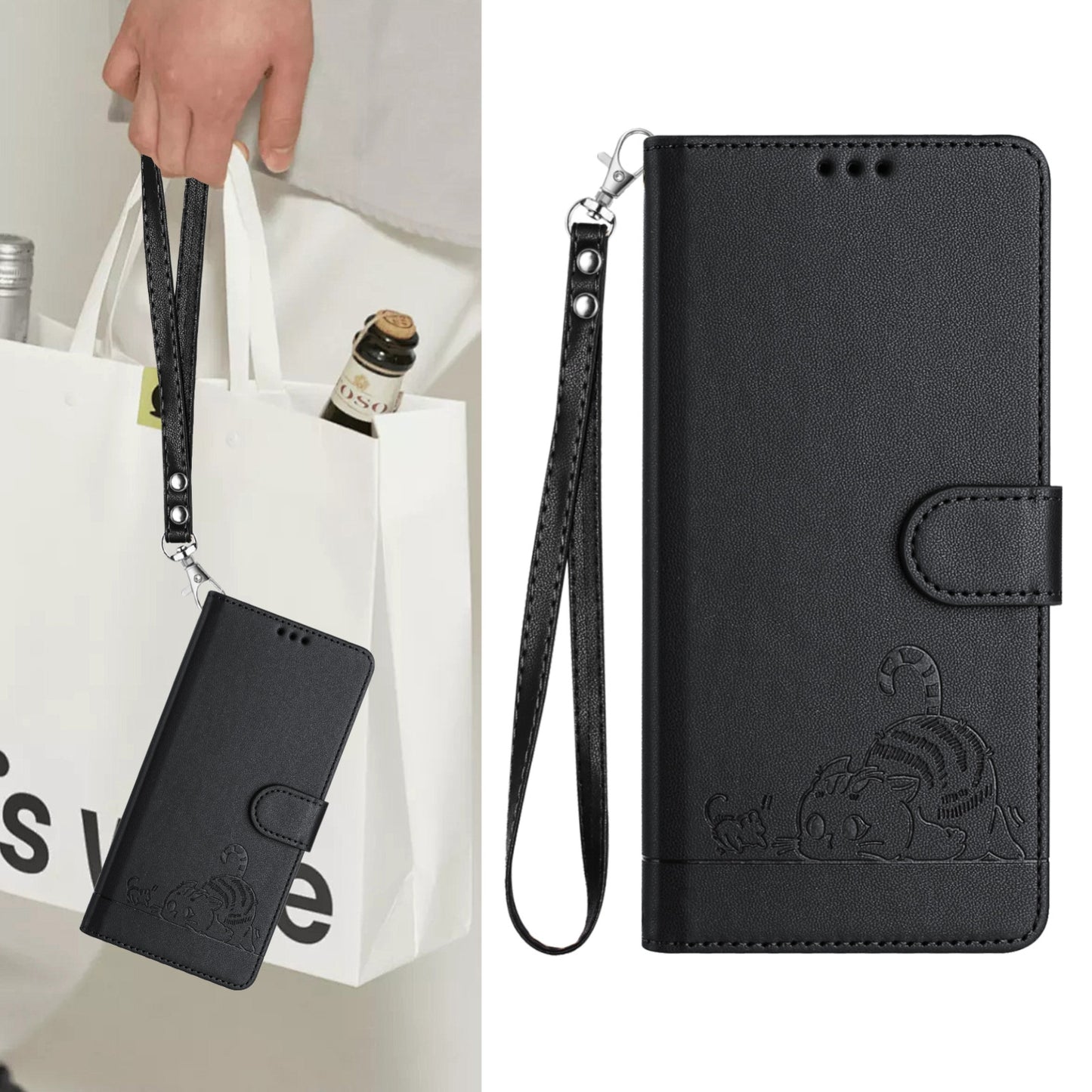 Realme C17 Leather Phone Case with Cat and Rat Embossed Pattern, RFID Protection, Card Holder Slots, Anti-fall Feature & Lanyard