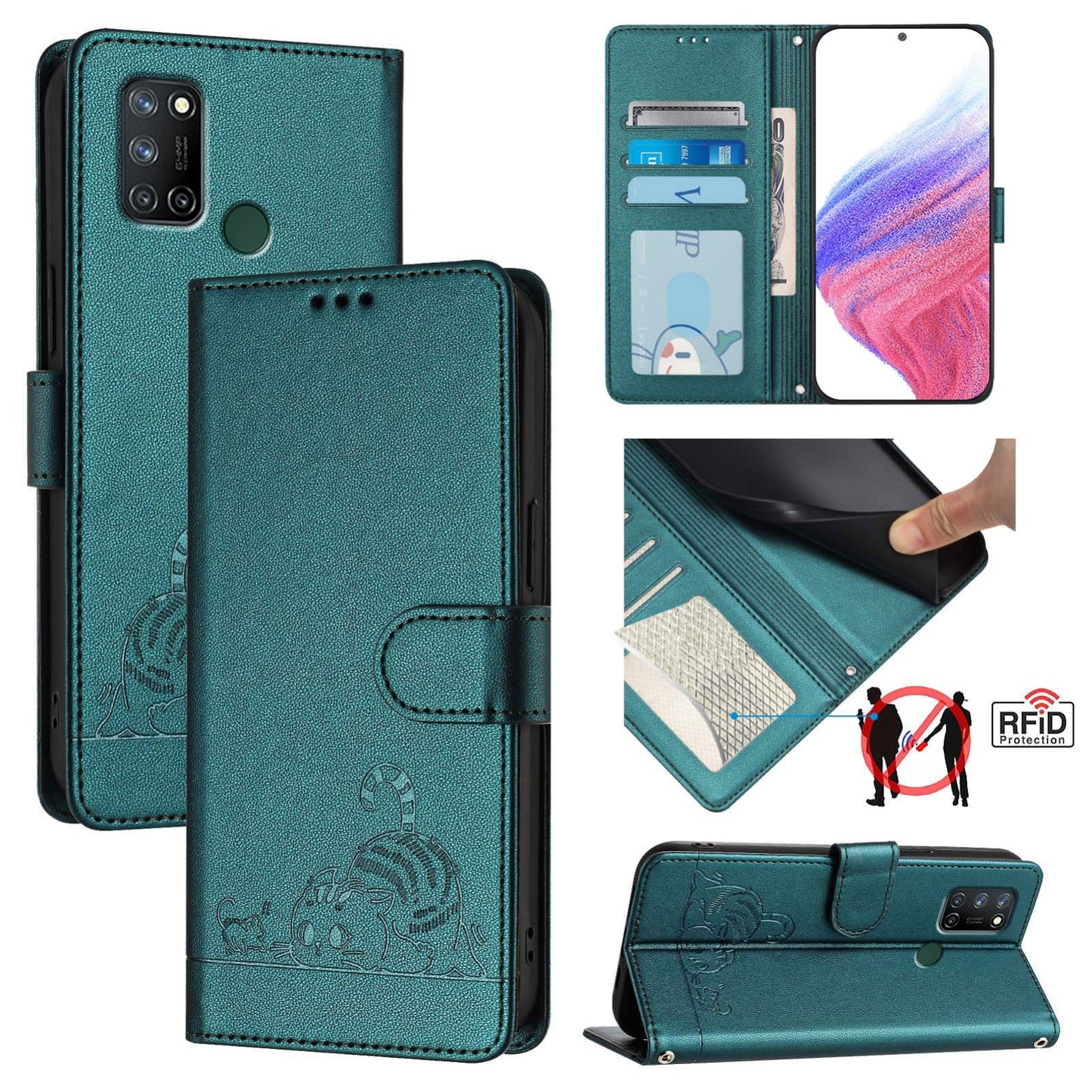 Realme C17 Leather Phone Case with Cat and Rat Embossed Pattern, RFID Protection, Card Holder Slots, Anti-fall Feature & Lanyard