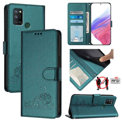 Realme C17 Leather Phone Case with Cat and Rat Embossed Pattern, RFID Protection, Card Holder Slots, Anti-fall Feature & Lanyard