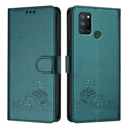 Realme 7i Leather Phone Case with Cat and Rat Embossed Pattern, RFID Protection, Card Holder Slots, Anti-fall Feature & Lanyard