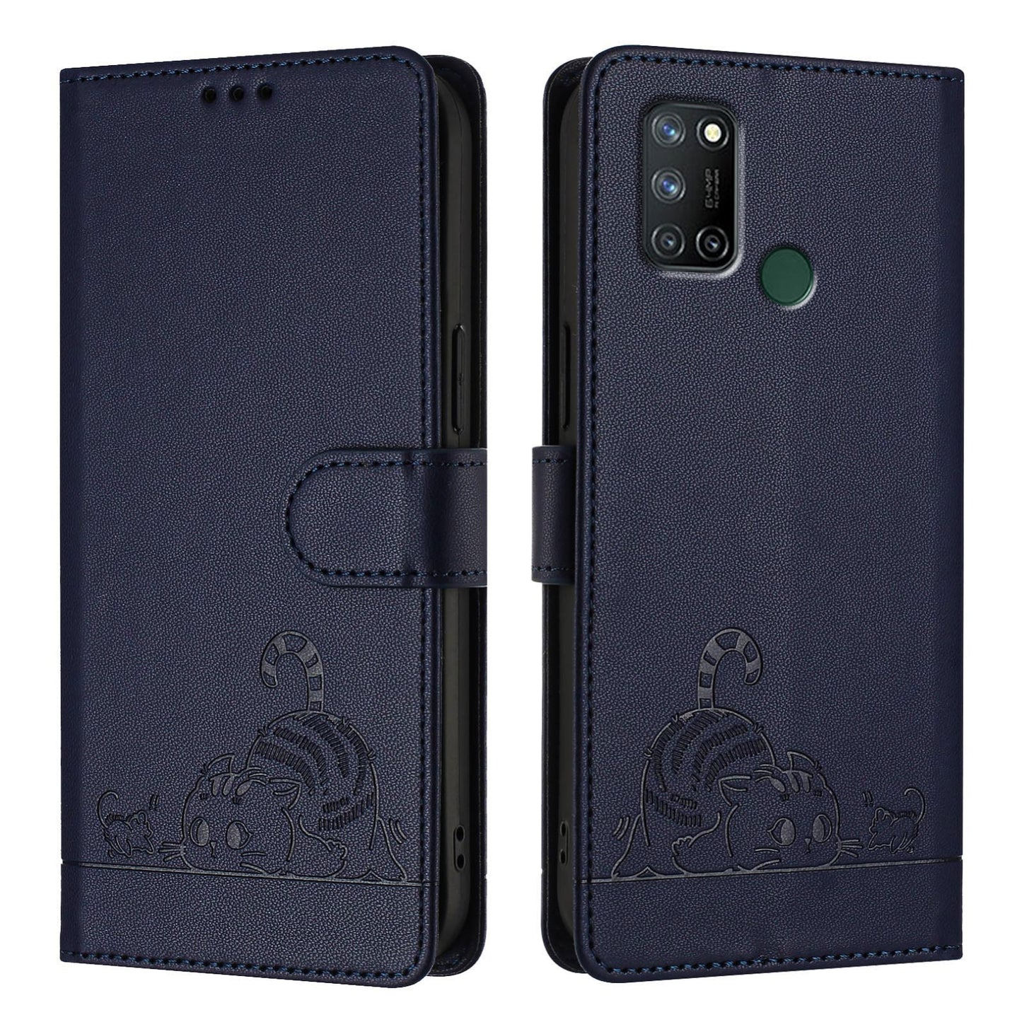 Realme C17 Leather Phone Case with Cat and Rat Embossed Pattern, RFID Protection, Card Holder Slots, Anti-fall Feature & Lanyard