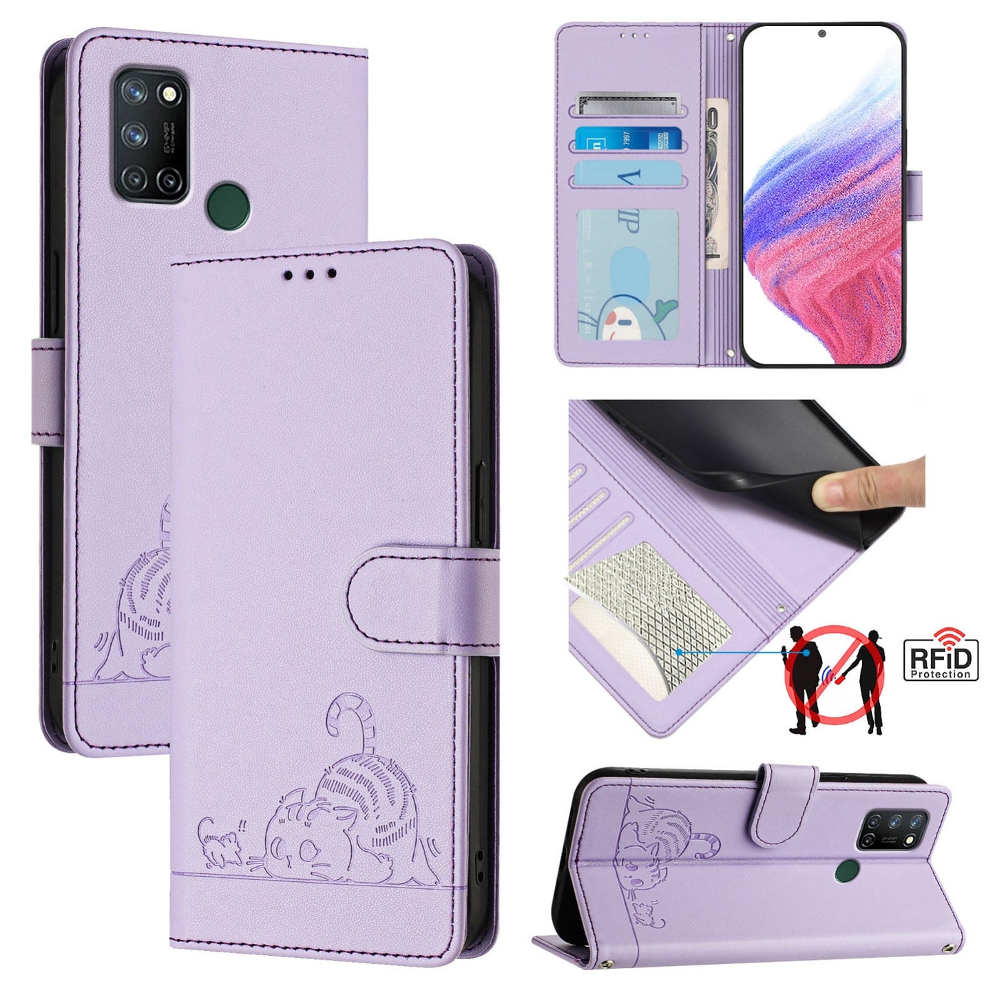 Realme C17 Leather Phone Case with Cat and Rat Embossed Pattern, RFID Protection, Card Holder Slots, Anti-fall Feature & Lanyard