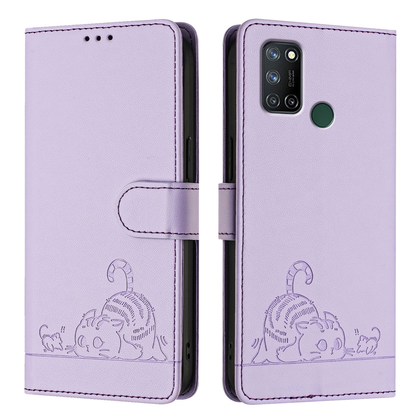 Realme C17 Leather Phone Case with Cat and Rat Embossed Pattern, RFID Protection, Card Holder Slots, Anti-fall Feature & Lanyard