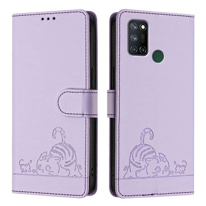 Realme C17 Leather Phone Case with Cat and Rat Embossed Pattern, RFID Protection, Card Holder Slots, Anti-fall Feature & Lanyard
