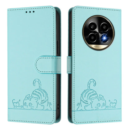 Realme 13 Pro+ 5G Leather Phone Case with Cat and Rat Embossed Pattern, RFID Protection, Card Holder Slots, Anti-fall Feature & Lanyard