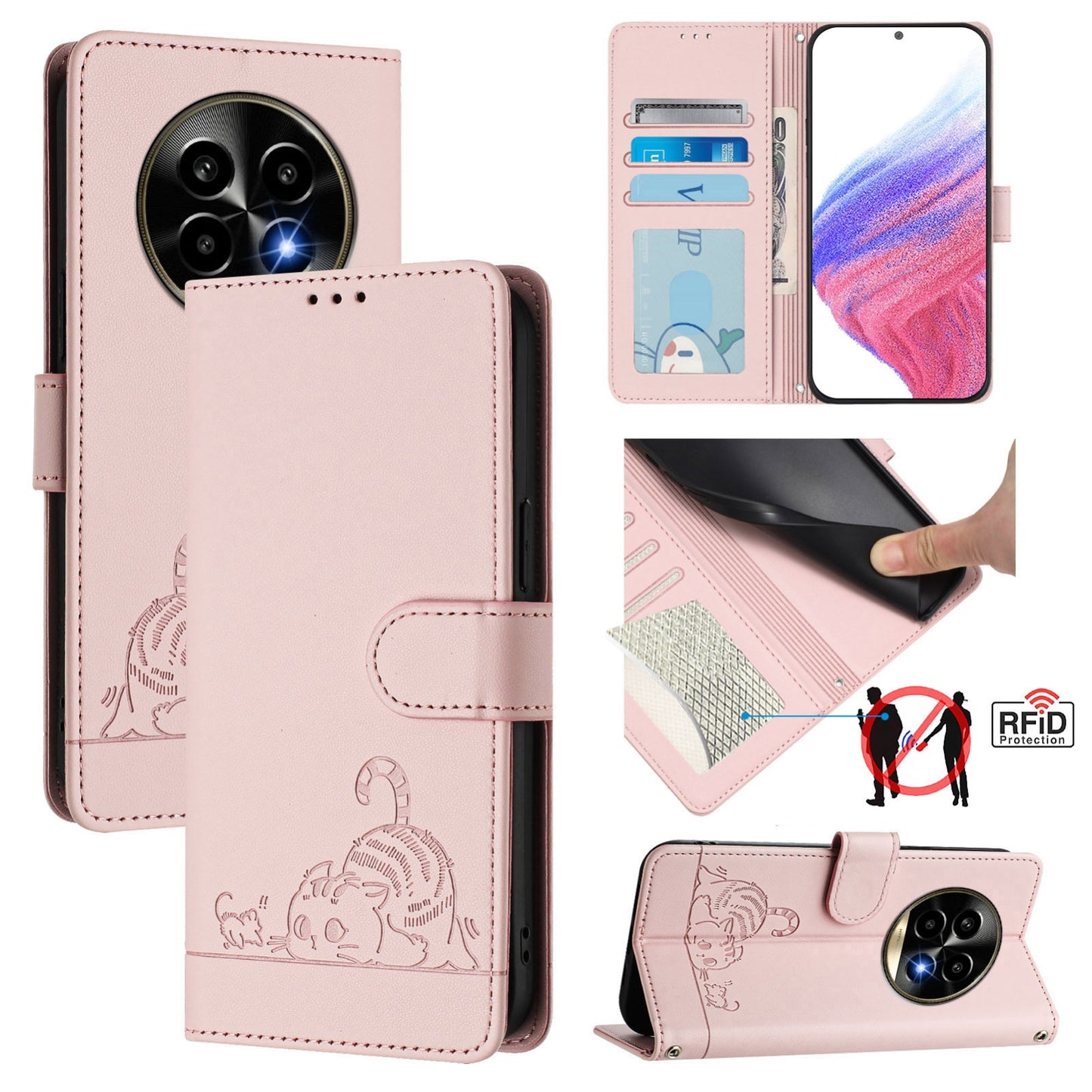 Realme 13 Pro+ 5G Leather Phone Case with Cat and Rat Embossed Pattern, RFID Protection, Card Holder Slots, Anti-fall Feature & Lanyard
