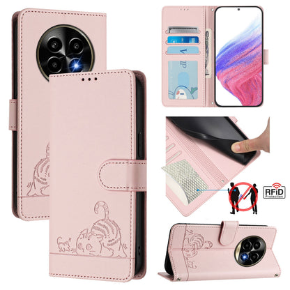 Realme 13 Pro+ 5G Leather Phone Case with Cat and Rat Embossed Pattern, RFID Protection, Card Holder Slots, Anti-fall Feature & Lanyard