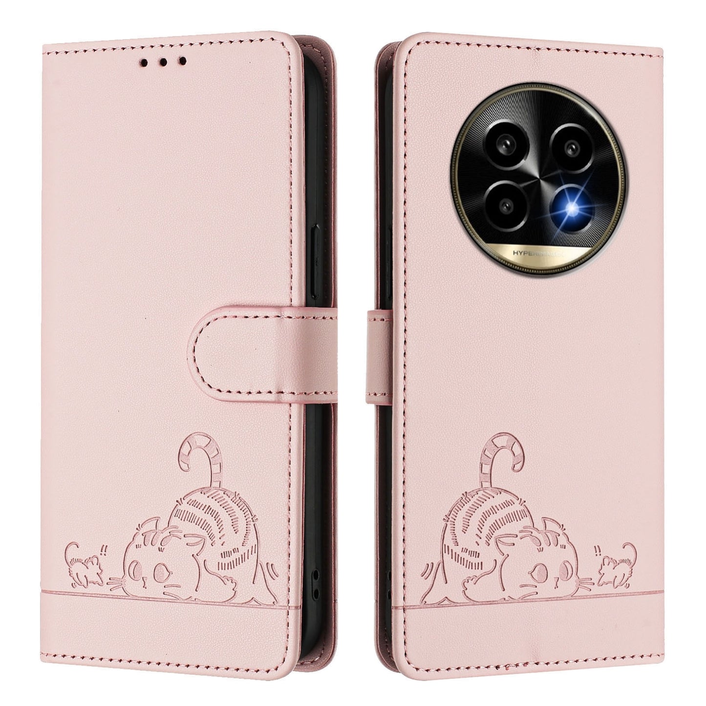 Realme 13 Pro+ 5G Leather Phone Case with Cat and Rat Embossed Pattern, RFID Protection, Card Holder Slots, Anti-fall Feature & Lanyard